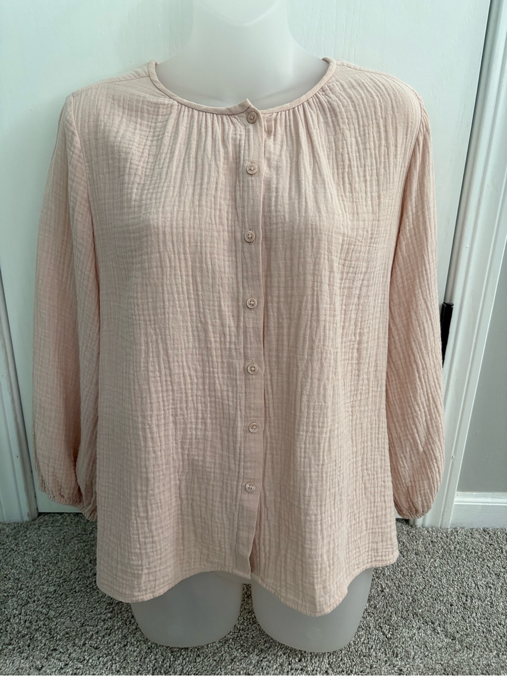 Women's Blush Pink Button Front Cotton Gauze Blouse Top Size MP
